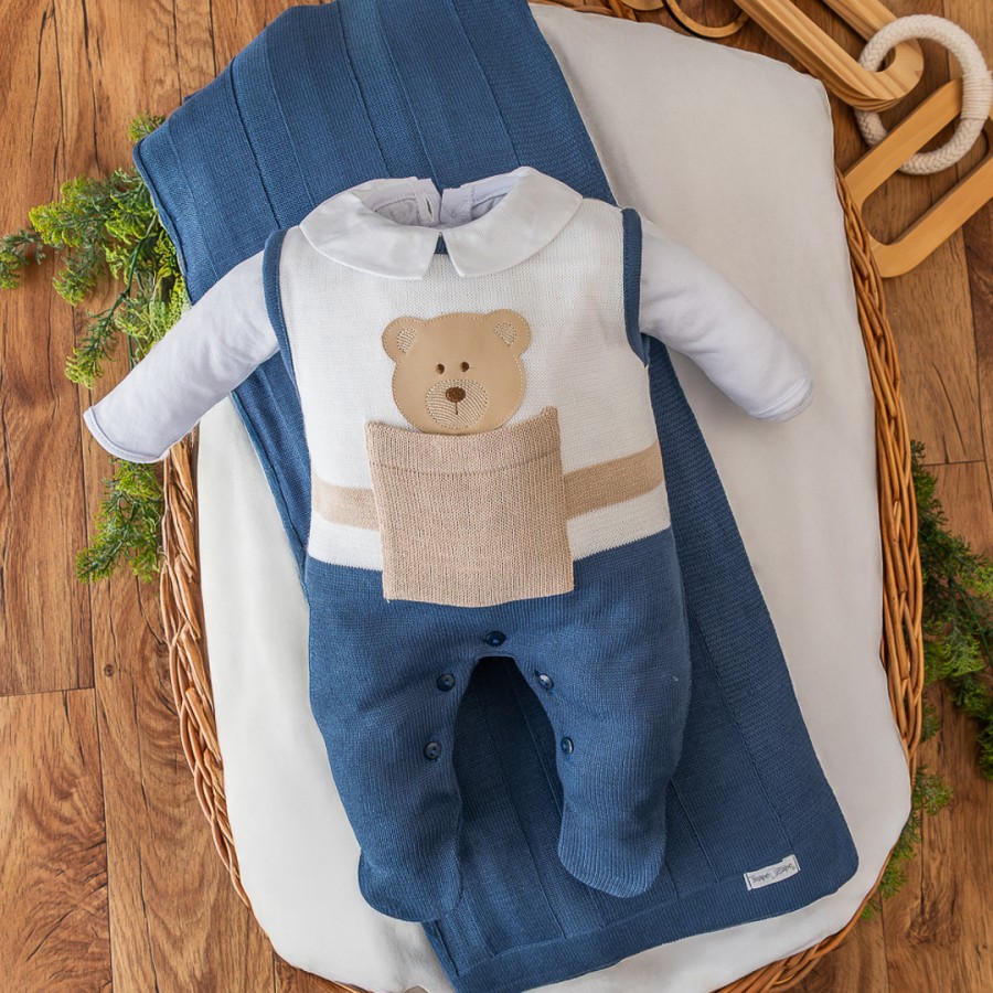  Saída de Maternidade Theodoro Liso - Azul Jeans e Bege